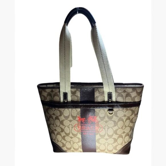 Coach Handbags - Coach Brown Signature Coated Canvas Leather Heritage Stripe Vintage Tote EUC